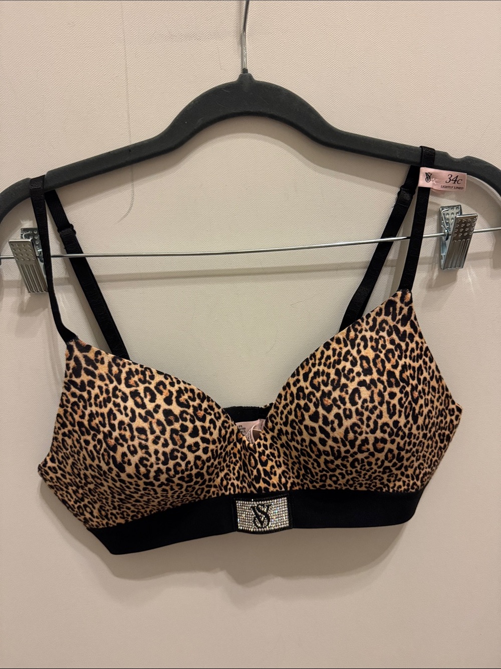 Victoria's Secret Leopard Print Bra with Black Trim and Rhinestone Logo 34C
